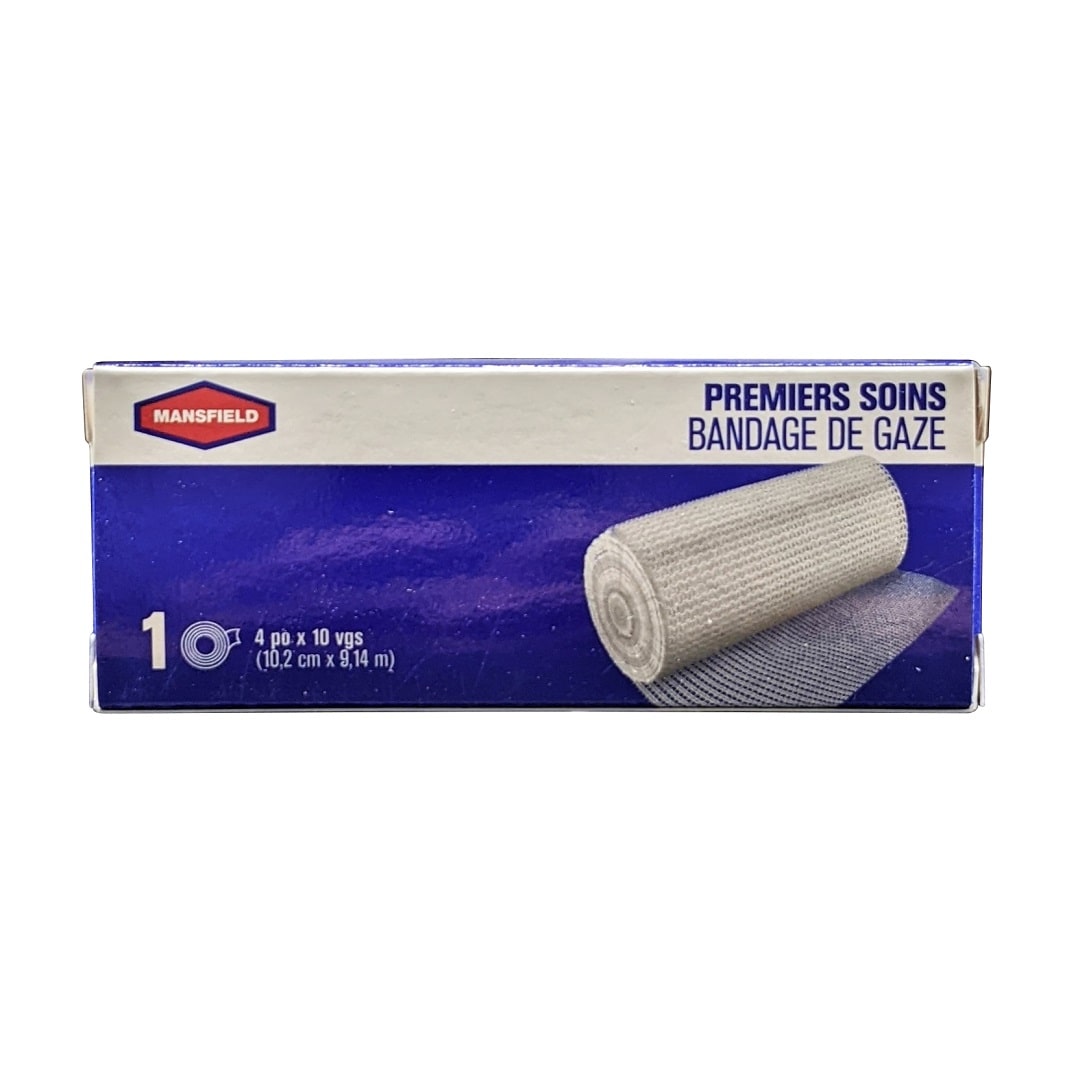 Product label for Mansfield First Aid Gauze Bandage (10.2 cm x 9.14 m) in French