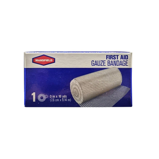 Product label for Mansfield First Aid Gauze Bandage (7.6 cm x 9.14 m) in English