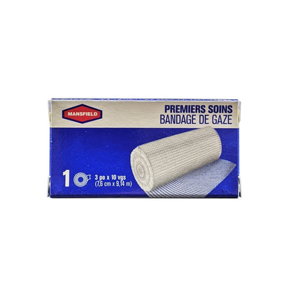 Product label for Mansfield First Aid Gauze Bandage (7.6 cm x 9.14 m) in French