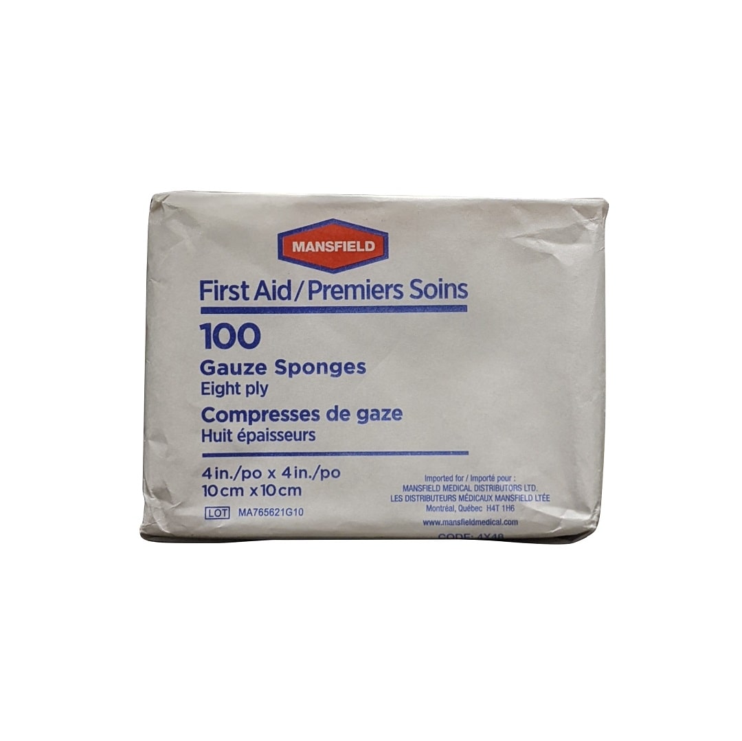 Product label for Mansfield First Aid 8-ply Gauze Sponges (10 cm x 10 cm) (100 pads)