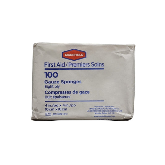 Product label for Mansfield First Aid 8-ply Gauze Sponges (10 cm x 10 cm) (100 pads)