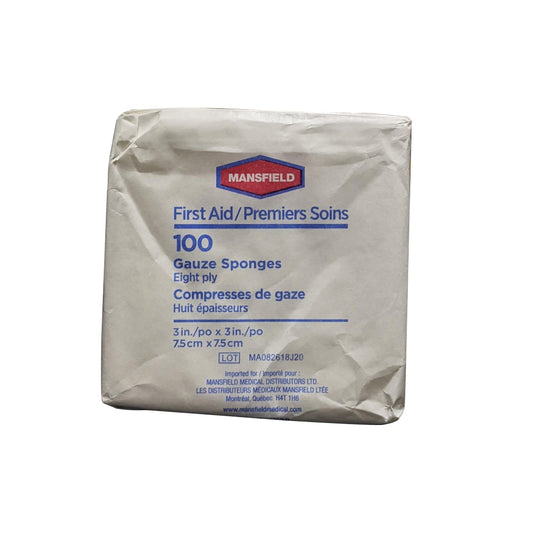 Product label for Mansfield First Aid 8-ply Gauze Sponges (7.5 cm x 7.5 cm) (100 pads)