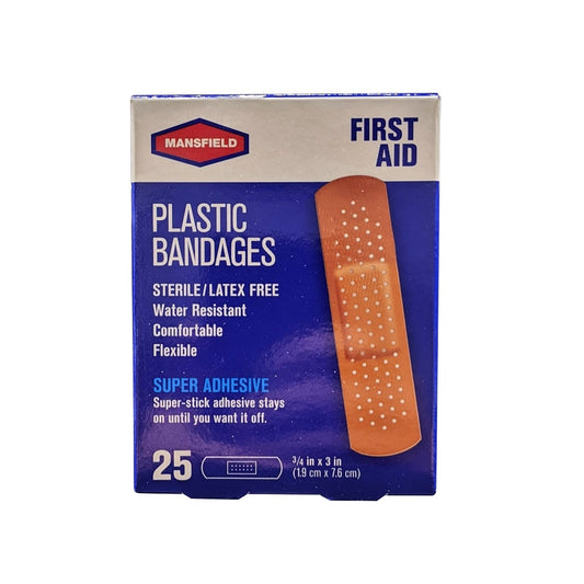 Product label for Mansfield First Aid Plastic Bandages (0.75" x 3") (20 bandages) in English