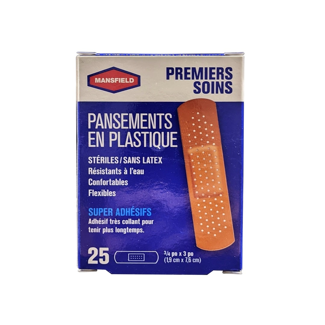 Product label for Mansfield First Aid Plastic Bandages (0.75" x 3") (20 bandages) in French