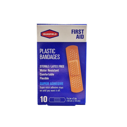 Product label for Mansfield First Aid Plastic Bandages (1.9 cm x 7.6 cm) (10 bandages) in English