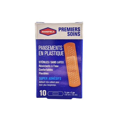 Product label for Mansfield First Aid Plastic Bandages (1.9 cm x 7.6 cm) (10 bandages) in French