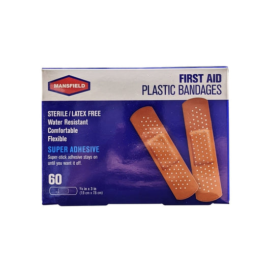 Product label for Mansfield First Aid Plastic Bandages (1.9 cm x 7.6 cm) (60 bandages) in English