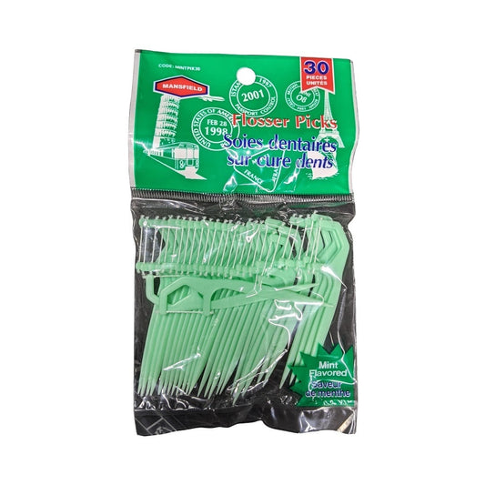 Product label for Mansfield Flosser Picks Mint Flavour (30 count)