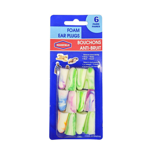 Product label for Mansfield Foam Earplug Bright Colours NRR 31 Decibels (6 pairs)