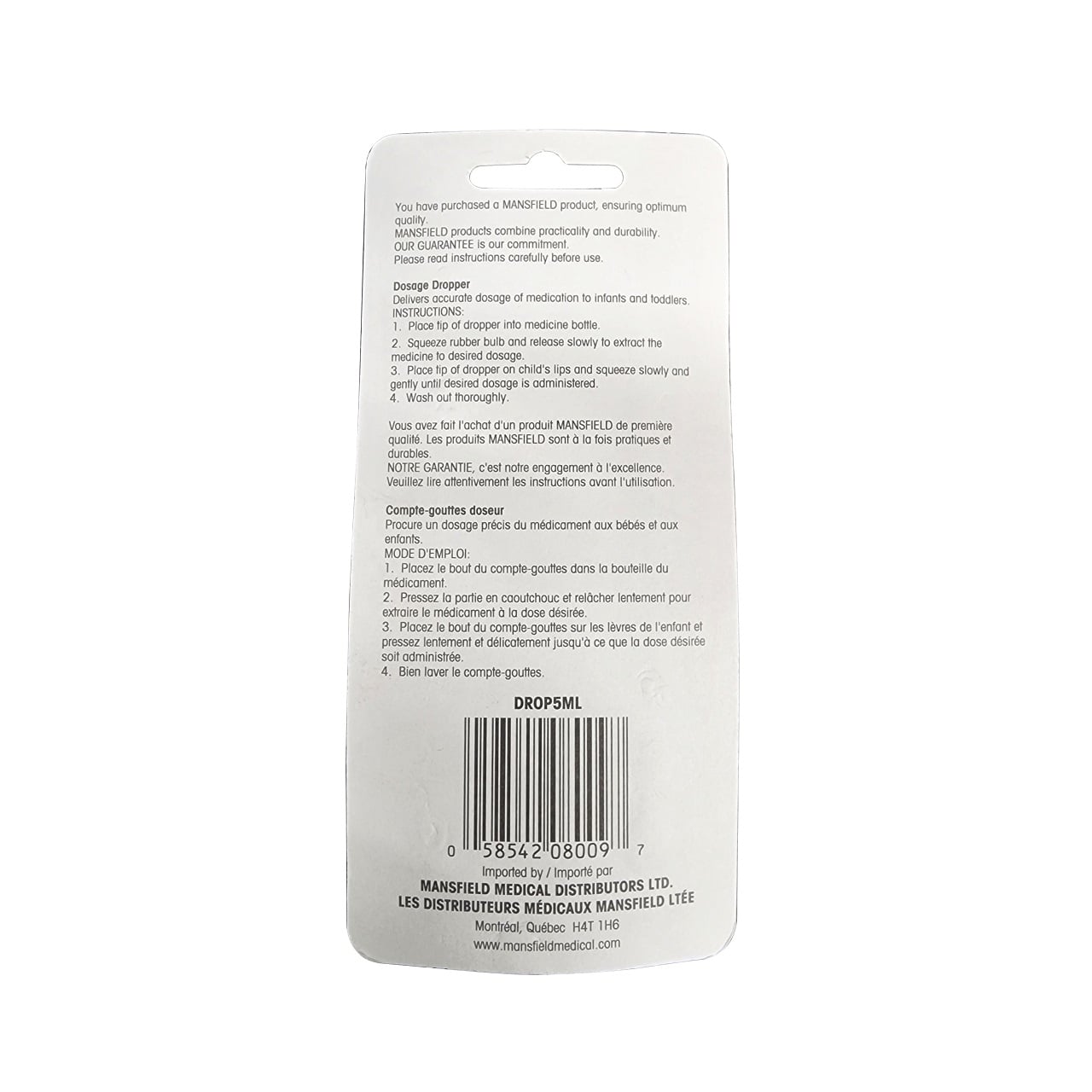 Information and instructions for Mansfield Oral Medication Dropper (5 mL)