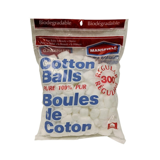 Product label for Mansfield Regular Size 100% Cotton Balls (300 count)