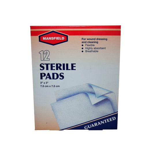 Product label for Mansfield Sterile Gauze Pads (12 pads) 3x3 inches in English
