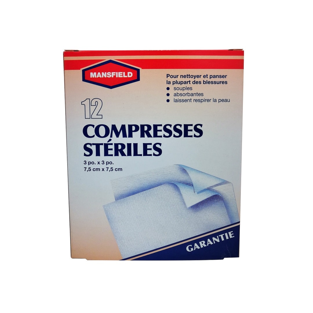 Product label for Mansfield Sterile Gauze Pads (12 pads) 3x3 inches in French