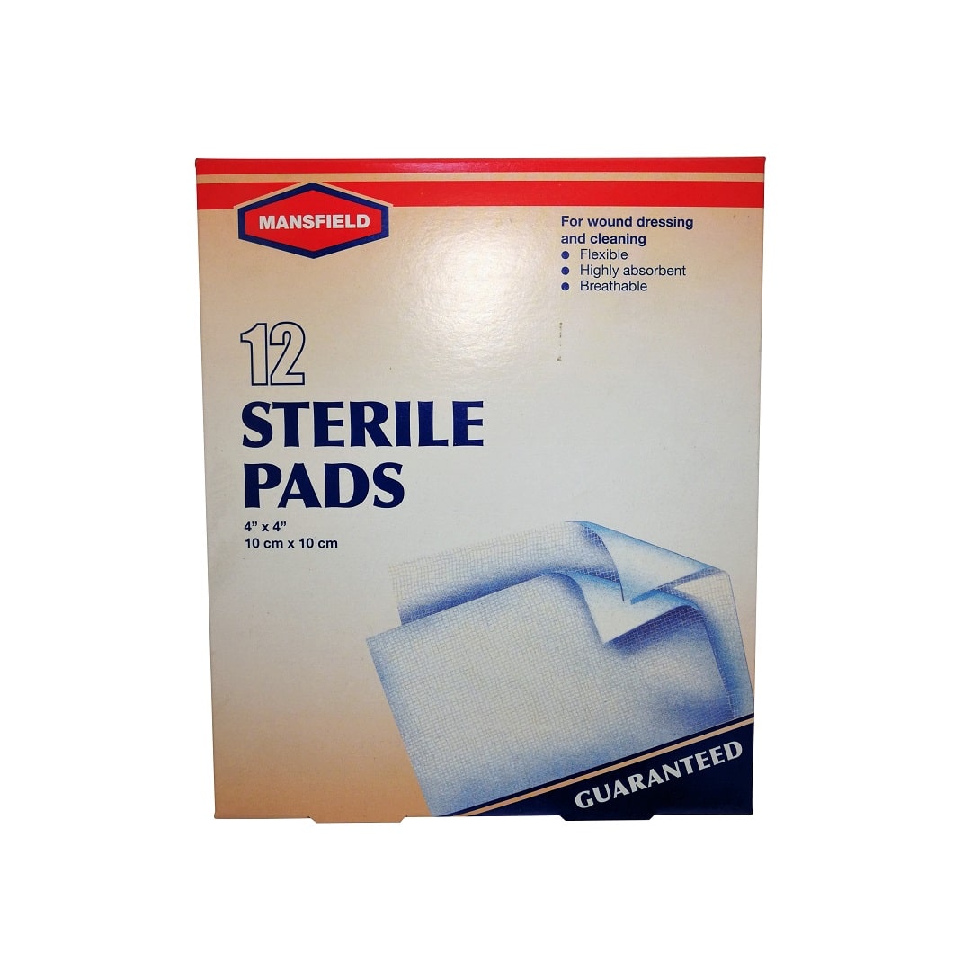 Product label for Mansfield Sterile Gauze Pads (12 pads) 4x4 inches in English