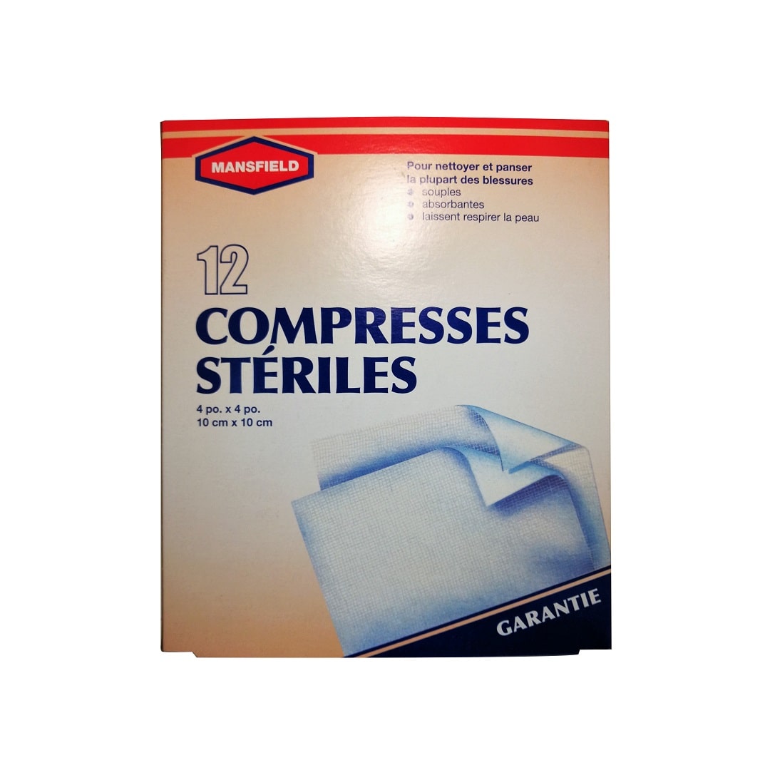 Product label for Mansfield Sterile Gauze Pads (12 pads) 4x4 inches in French