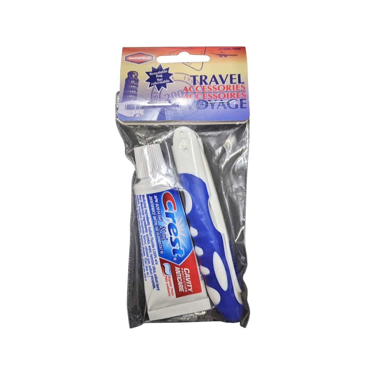 Product label for Mansfield Travel Accessories Toothbrush and Toothpaste