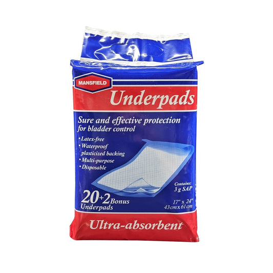 Product label for Mansfield Underpads (22 count) in English