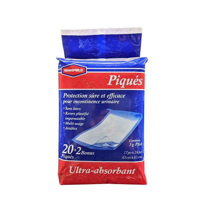 Product label for Mansfield Underpads (22 count) in French