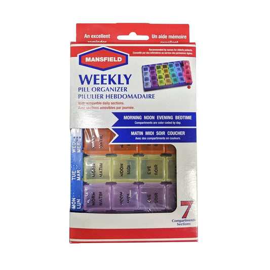 Product label for Mansfield Weekly Pill Organizer with 7 Sections