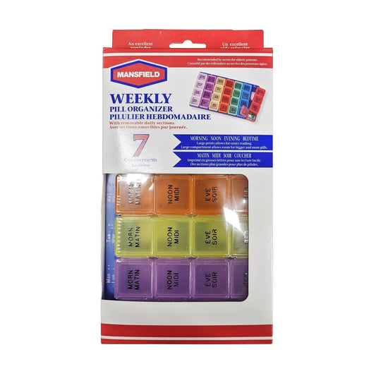 Product label for Mansfield Weekly Pill Organizer with 7 Sections (X-Large)