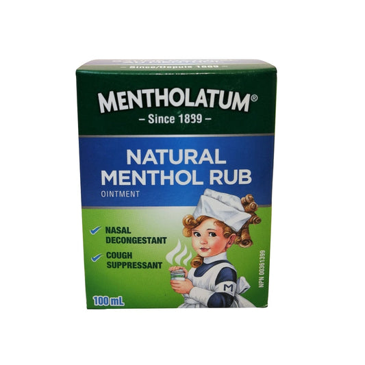Product label for Mentholatum Natural Menthol Rub Ointment (100 mL) in English