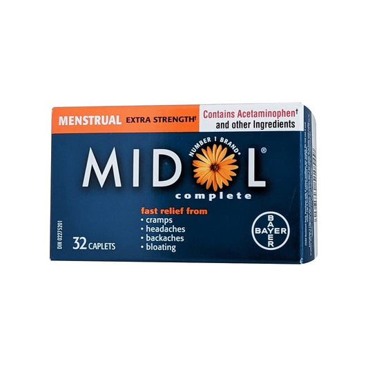 Product label for Midol Complete Extra Strength 32 caps in English