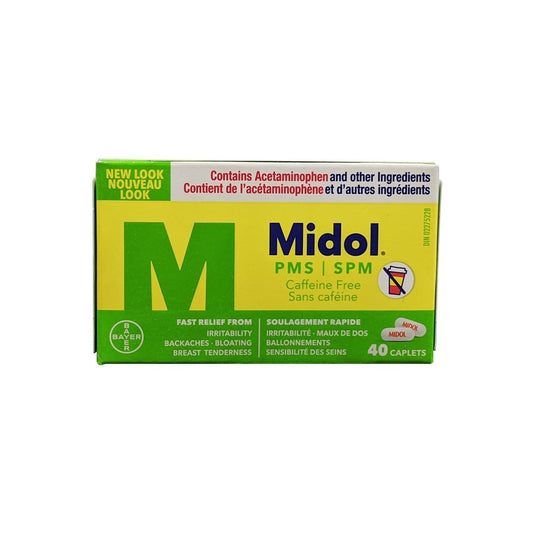 Product label for Midol PMS Caffeine Free (40 caplets)