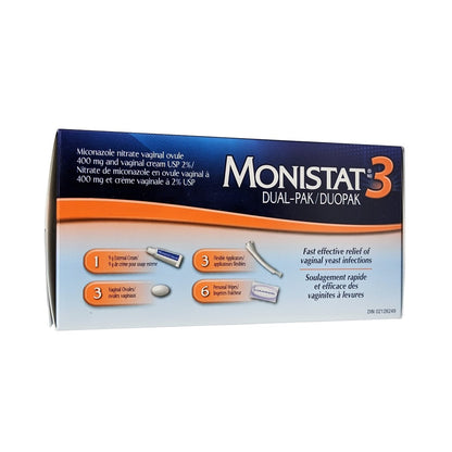Product label for Monistat 3 Dual-Pak Horizontal