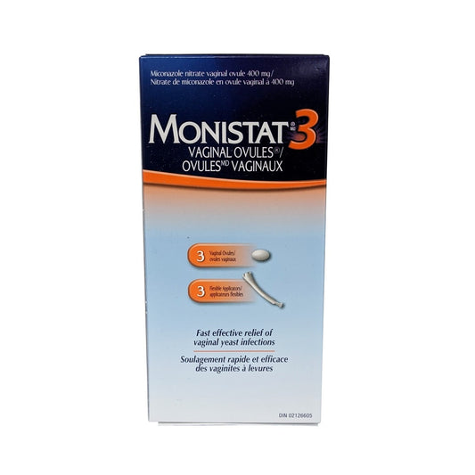 Product label for Monistat 3 Vaginal Ovules (3 ovules) vertical