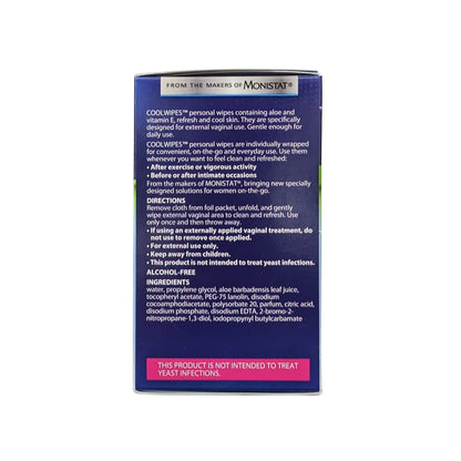 Description, directions, ingredients for Monistat Cool Wipes Personal Wipes (15 count) in English
