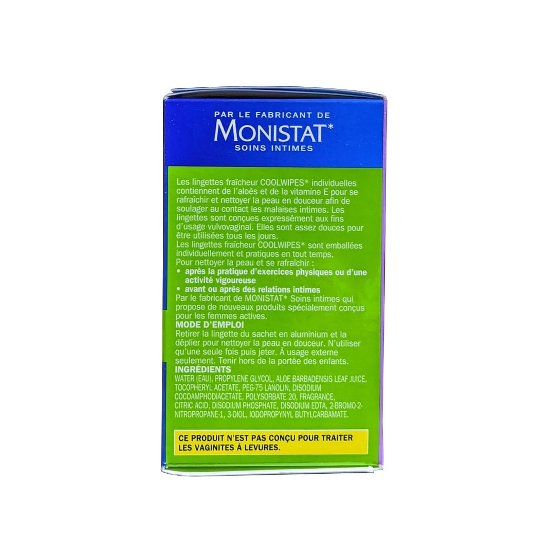 Description, directions, ingredients for Monistat Soothing Care Coolwipes Personal Wipes (15 count) in French