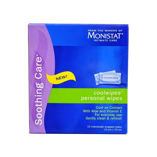 Product label for Monistat Soothing Care Coolwipes Personal Wipes (15 count) in English