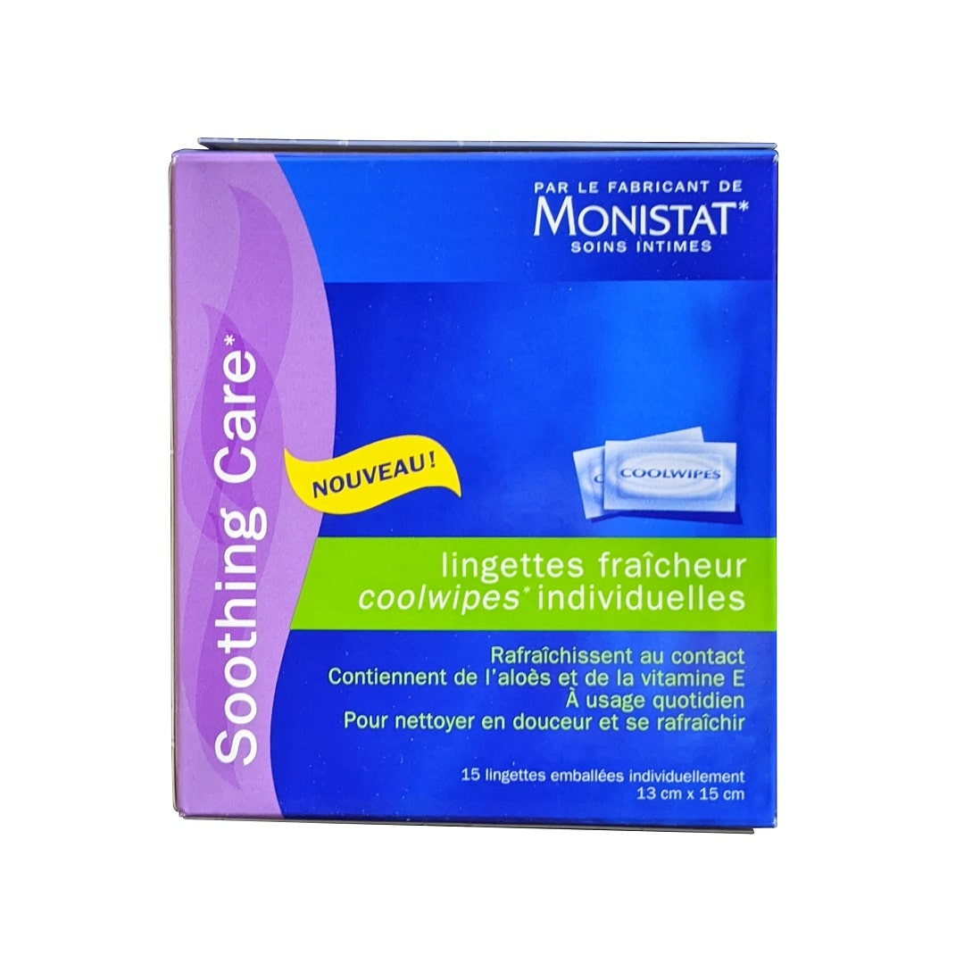 Product label for Monistat Soothing Care Coolwipes Personal Wipes (15 count) in French