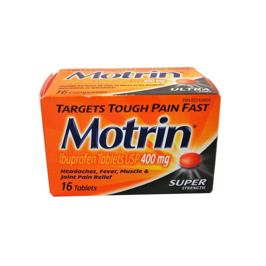 Product label for Motrin Super Strength Ibuprofen 400mg (16 tablets) in English