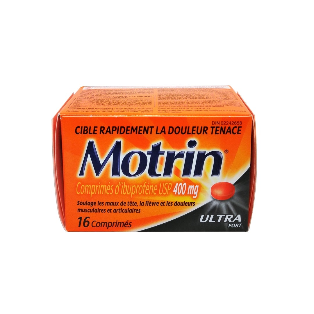 Product label for Motrin Super Strength Ibuprofen 400mg (16 tablets) in French