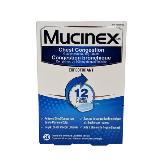 Product label for Mucinex Expectorant Tablets for Chest Congestion Guaifenesin 600mg (20 tablets)