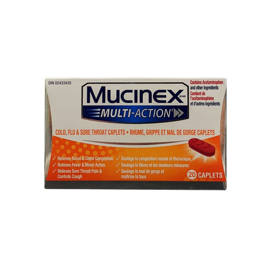 Product label for Mucinex Multi-Action for Cold, Flu, and Sore Throat Caplets (20 caplets)