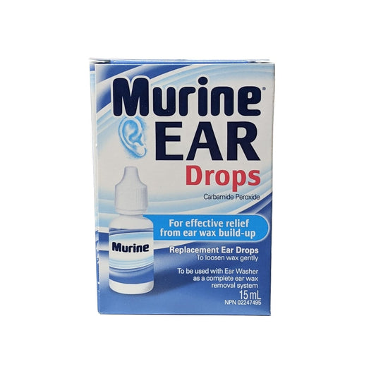 Product label for Murine Ear Drops Carbamide Peroxide (15 mL) in English