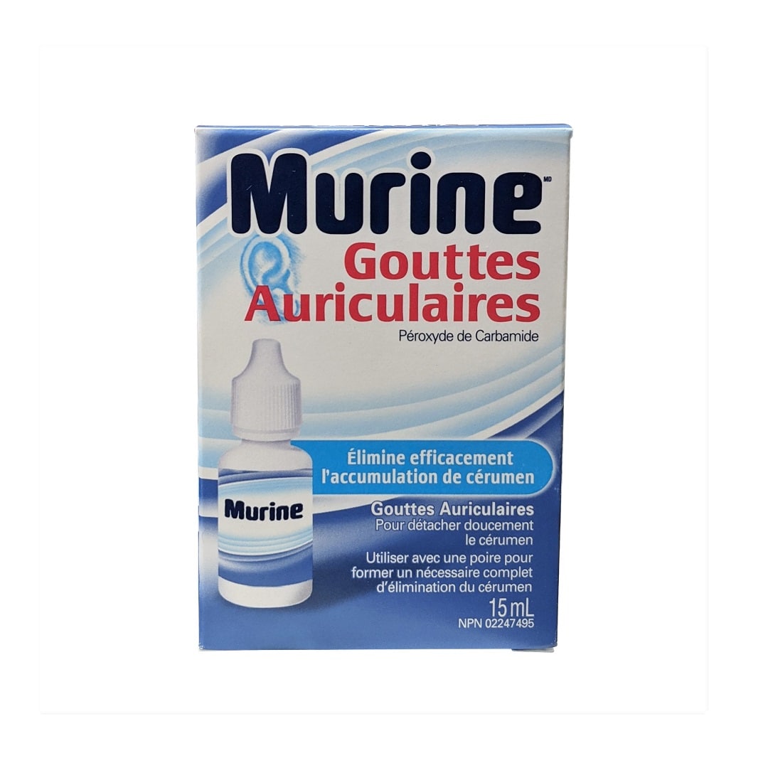 Product label for Murine Ear Drops Carbamide Peroxide (15 mL) in French