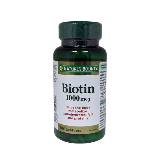 Product label for Nature's Bounty Biotin 1000mcg in English