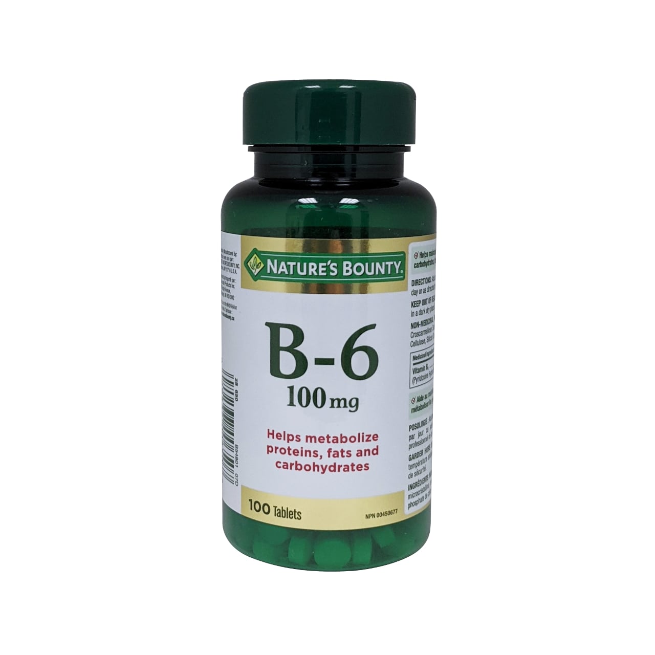 Product label for Nature's Bounty Vitamin B6 100mg in English