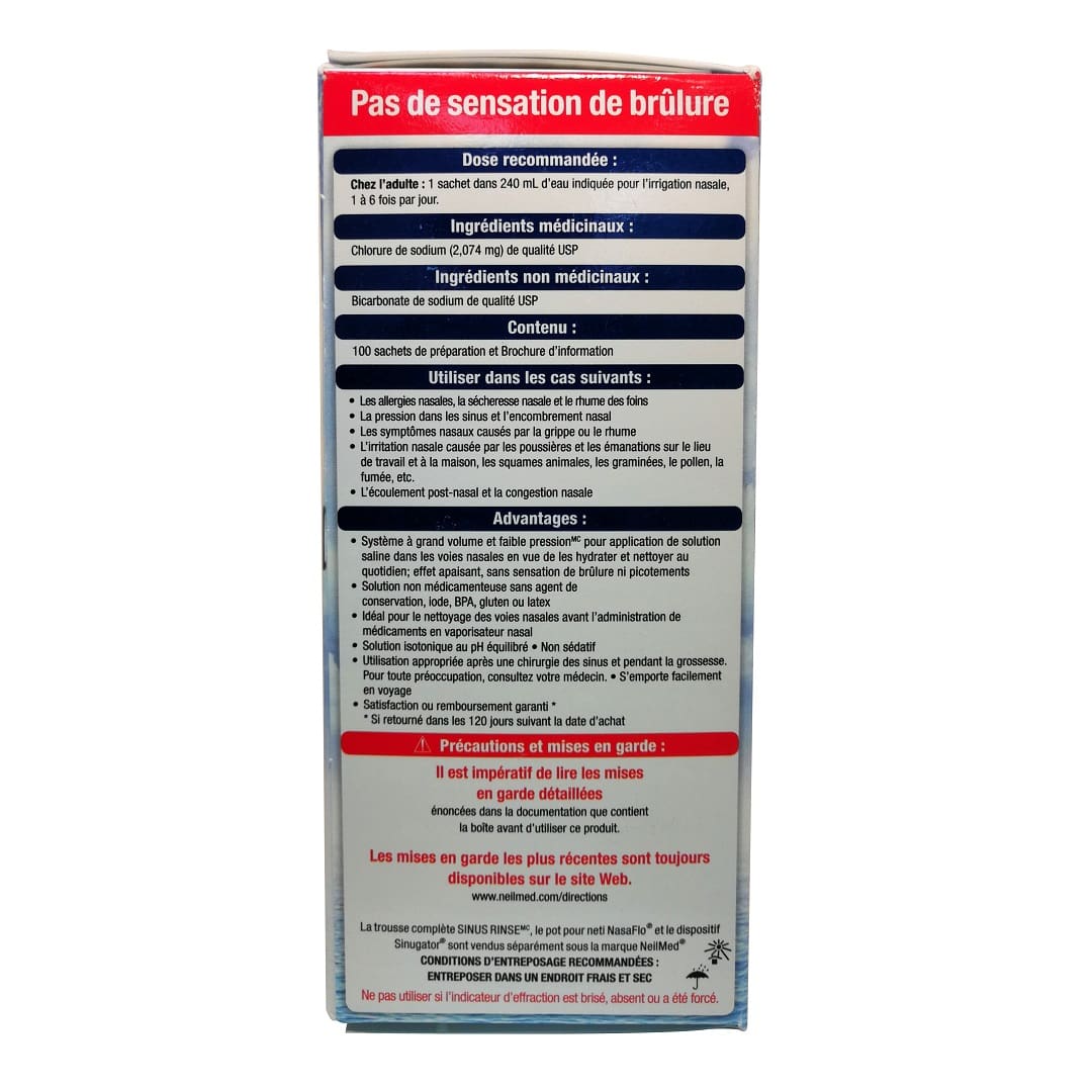 Dose, ingredients, uses for Neilmed Sinus Rinse 100 Premixed Packets in French