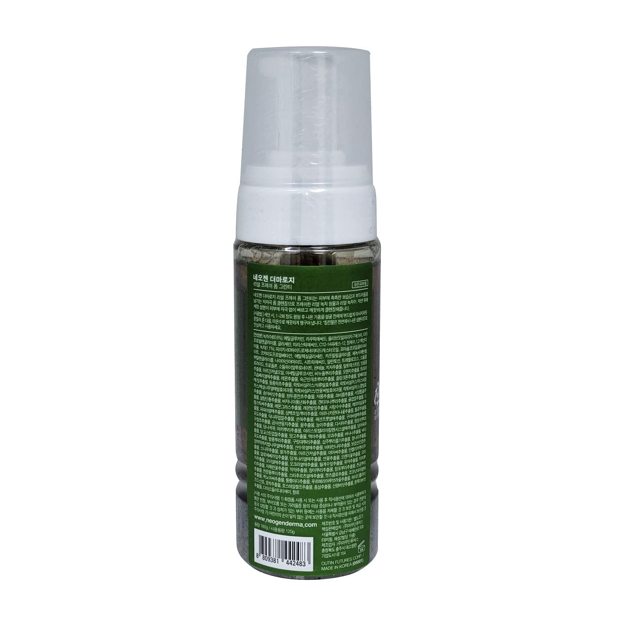 Product label for Neogen Real Fresh Foam Green Tea Soothing Bio-Cleanser in Korean