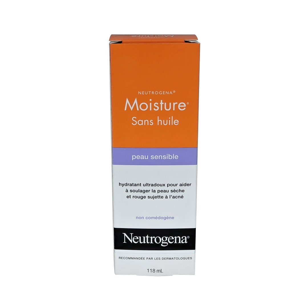 Product label for Neutrogena Oil Free Moisturizer for Sensitive Skin (118 mL) in French