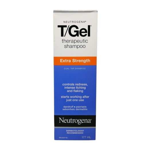 Product label for Neutrogena T/Gel Therapeutic Shampoo Extra Strength (177 mL) in English