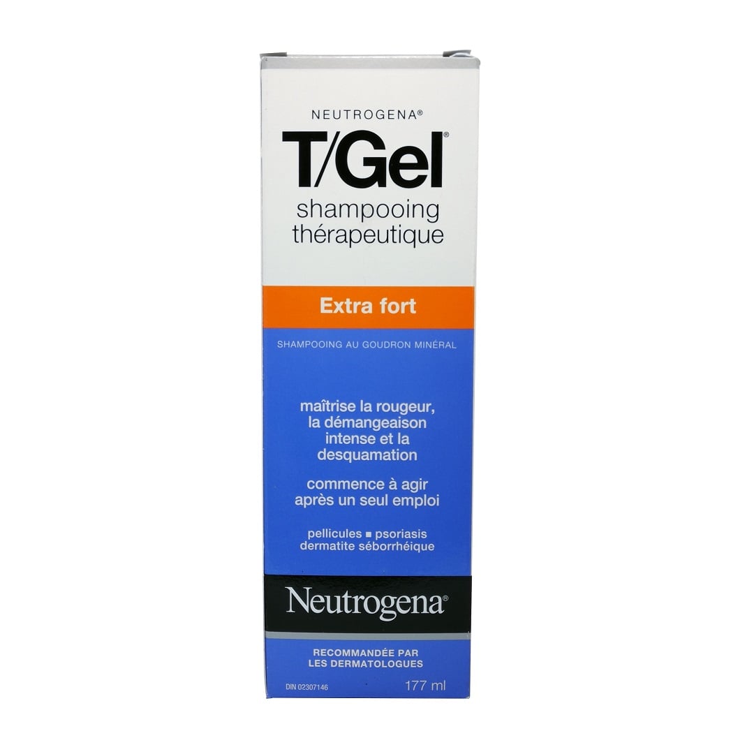 Product label for Neutrogena T/Gel Therapeutic Shampoo Extra Strength (177 mL) in French