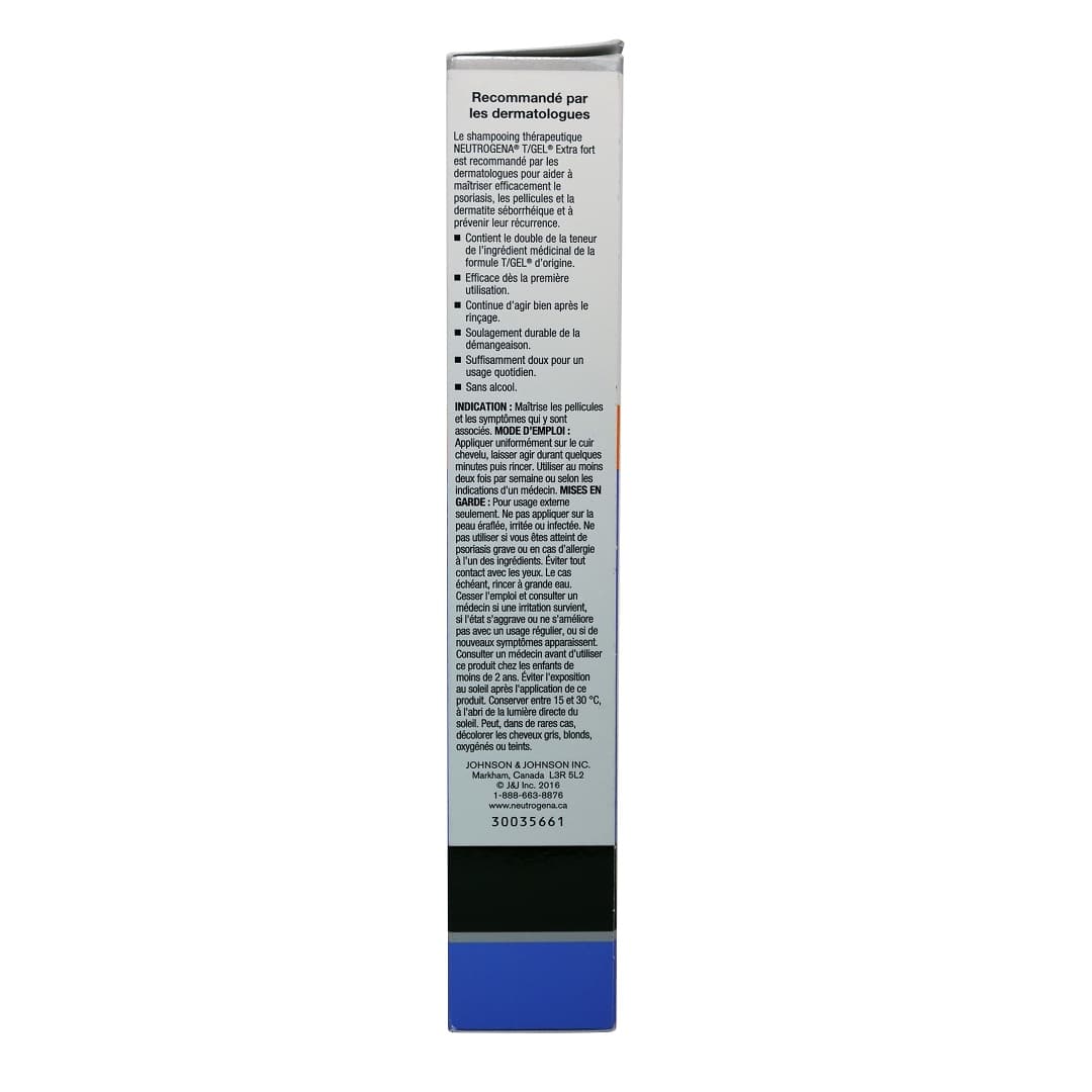 Description, indications, directions, ingredients, and warnings for Neutrogena T/Gel Therapeutic Shampoo Extra Strength (177 mL) in French