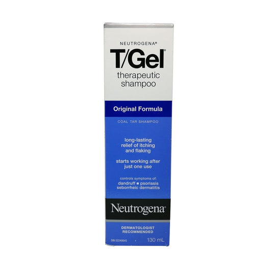 Product label for Neutrogena T/Gel Therapeutic Shampoo Original Formula (130 mL) in English
