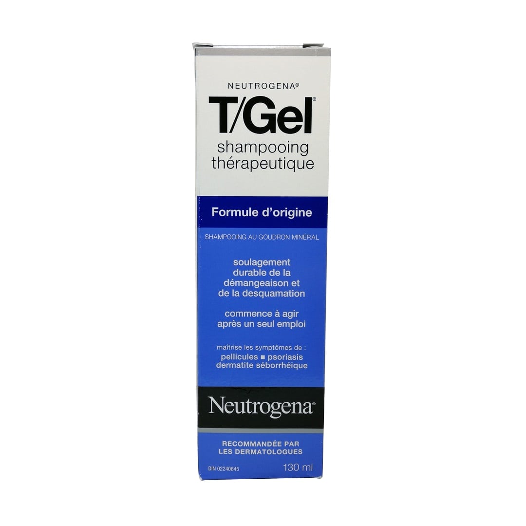 Product label for Neutrogena T/Gel Therapeutic Shampoo Original Formula (130 mL) in French