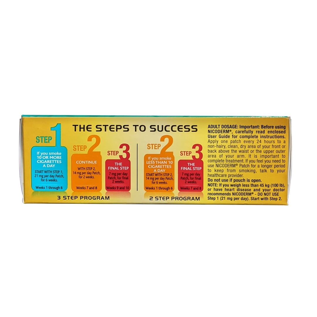 Dosage and system description for Nicoderm Step 1 Clear Nicotine Patches (14 count) in English